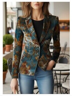 NWT FuTario Vintage Teal Floral Velvet Tailored Blazer Size Medium